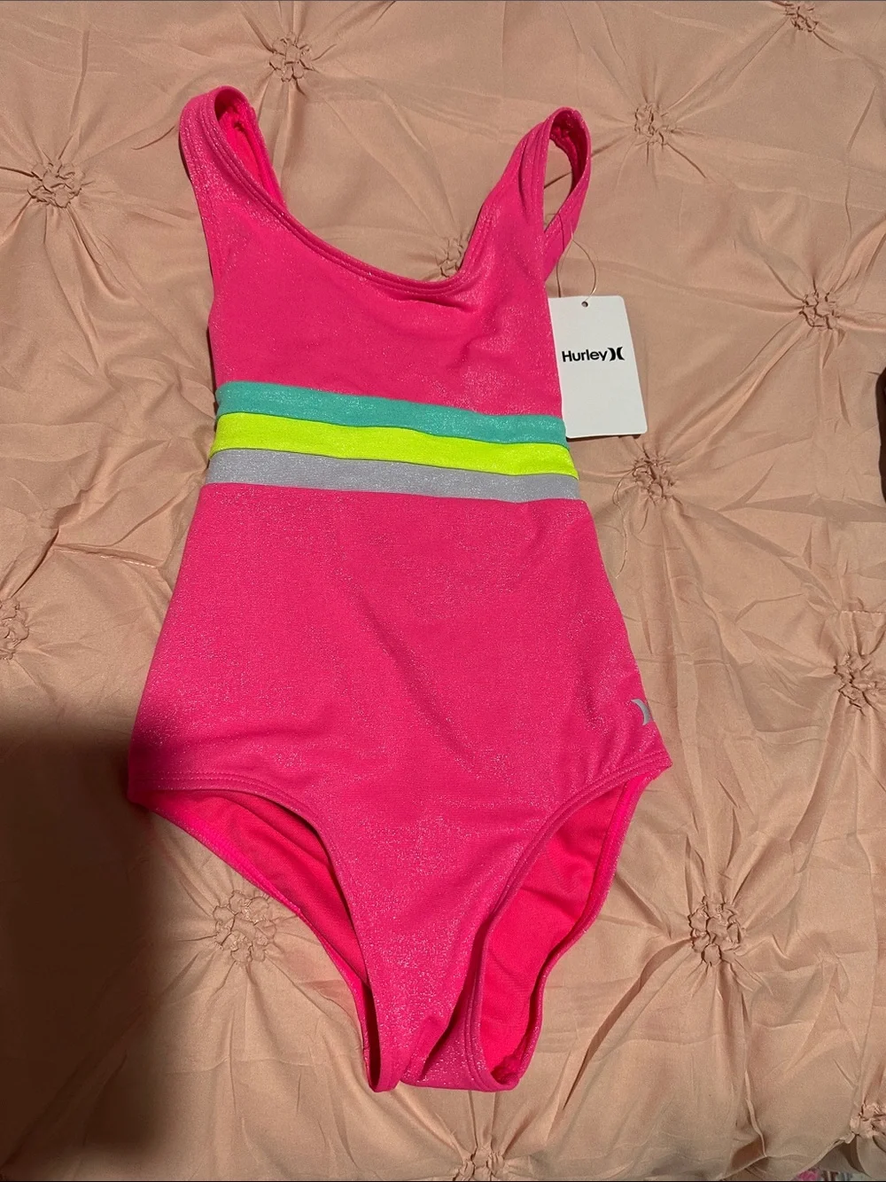 Hurley Hot Pink Girls' One-Piece Swimsuit with Neon Stripe Detail